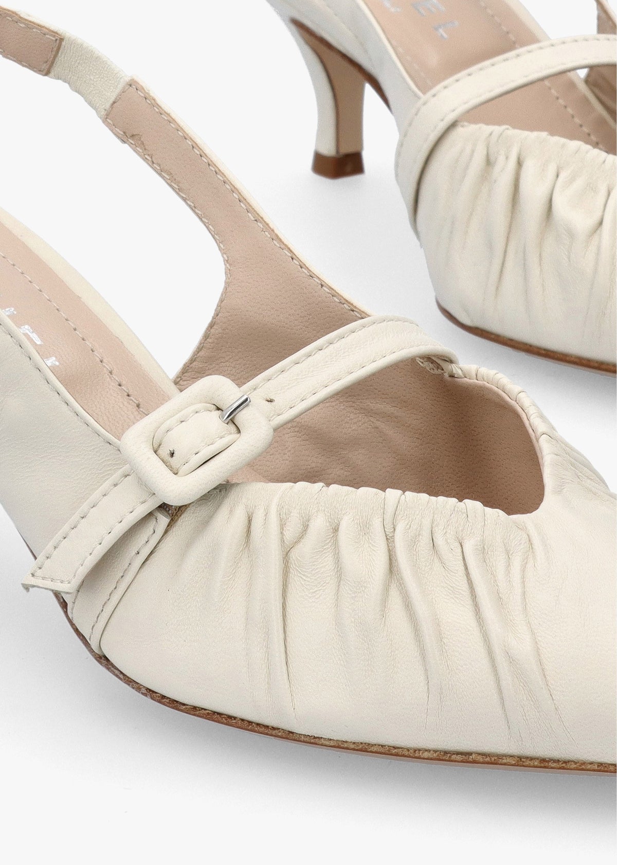 Nouche Cream Leather Rouched Kitten Heel Sling Backs