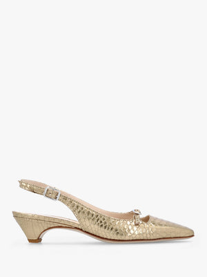 Nux Gold Leather Reptile Low Heel Court Shoes