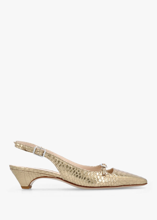 Nux Gold Leather Reptile Low Heel Court Shoes