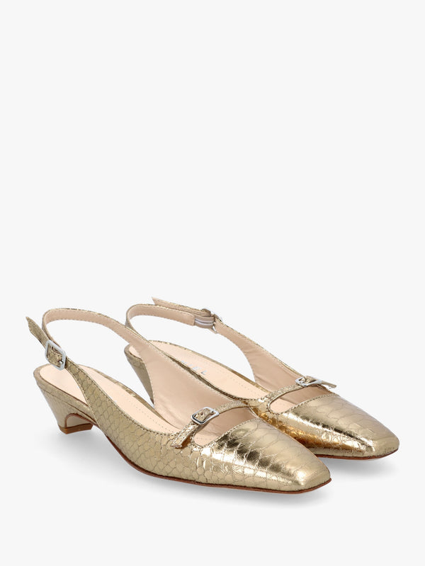Nux Gold Leather Reptile Low Heel Court Shoes