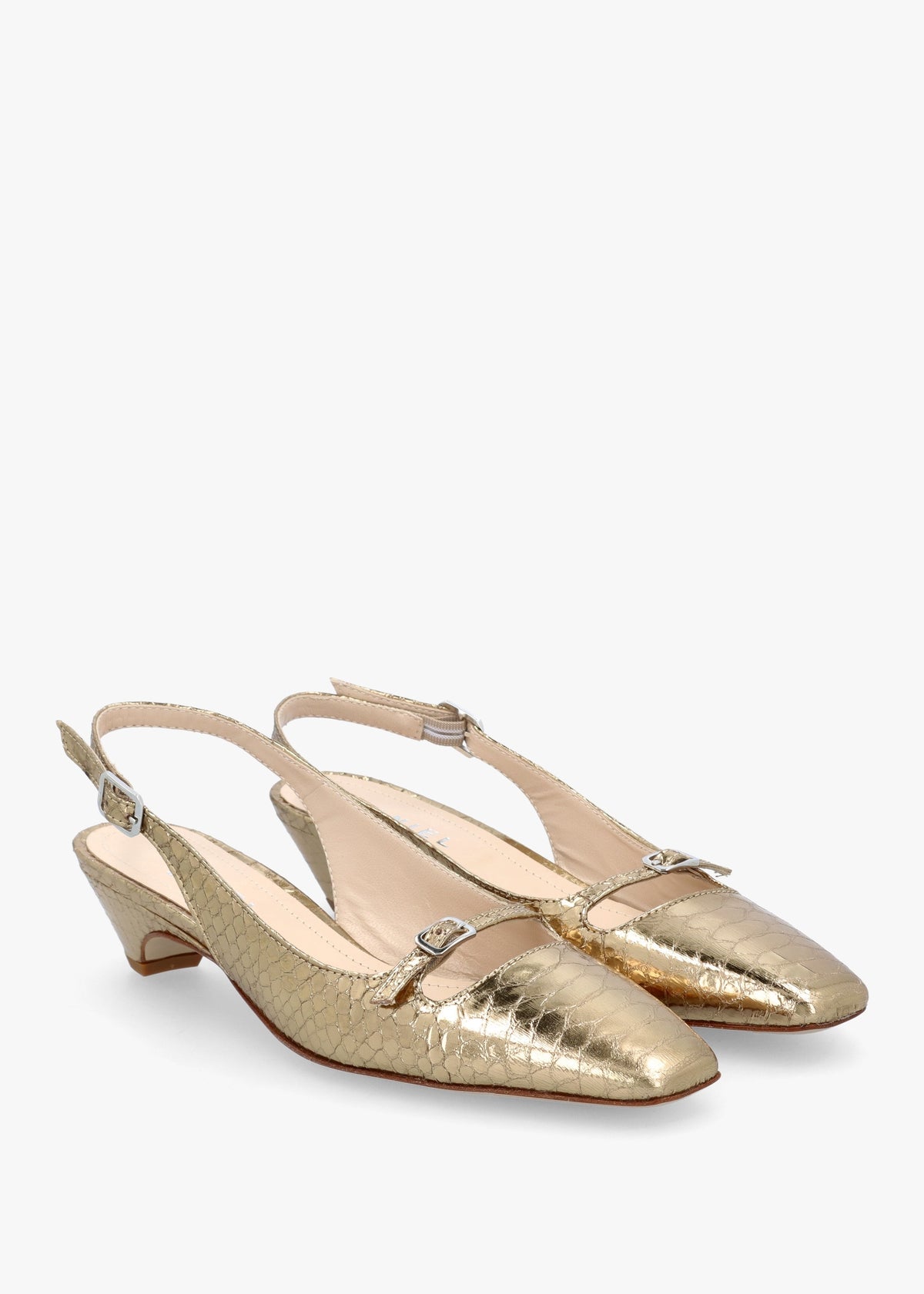 Nux Gold Leather Reptile Low Heel Court Shoes