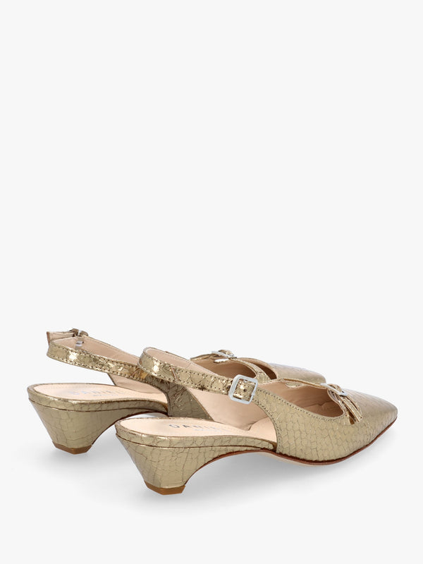 Nux Gold Leather Reptile Low Heel Court Shoes