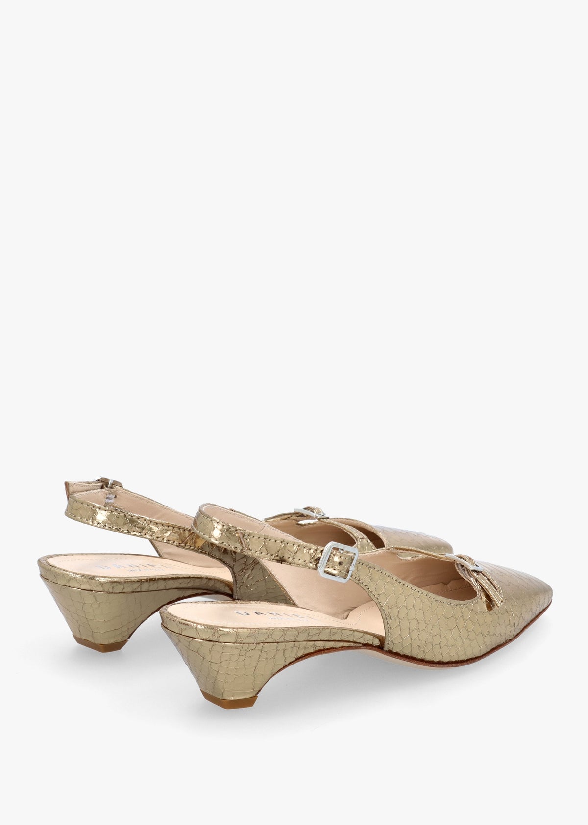 Nux Gold Leather Reptile Low Heel Court Shoes