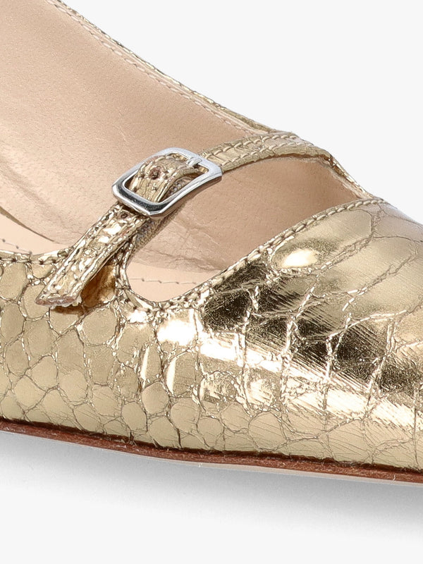 Nux Gold Leather Reptile Low Heel Court Shoes