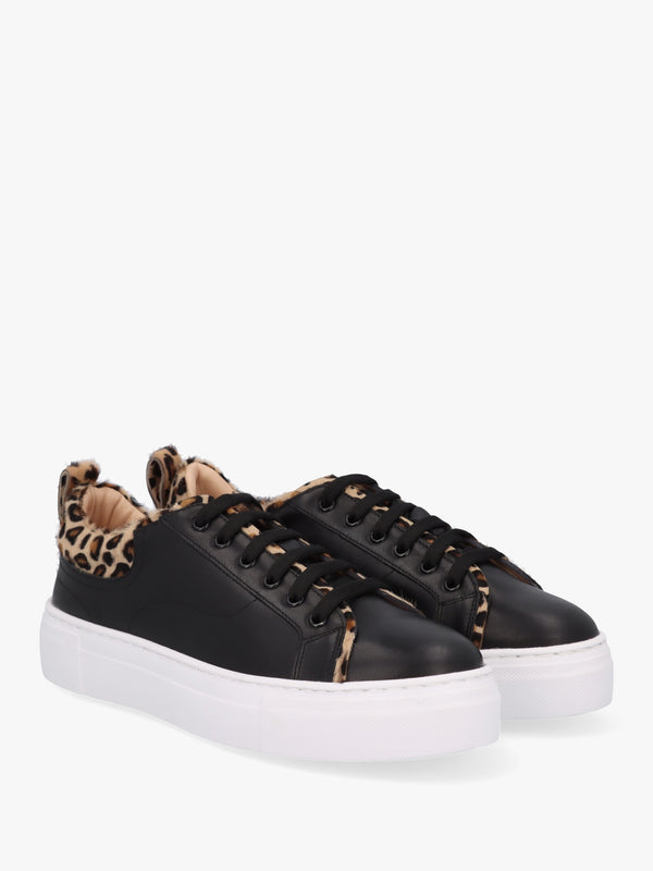 Panny Black Leather Leopard Trainers