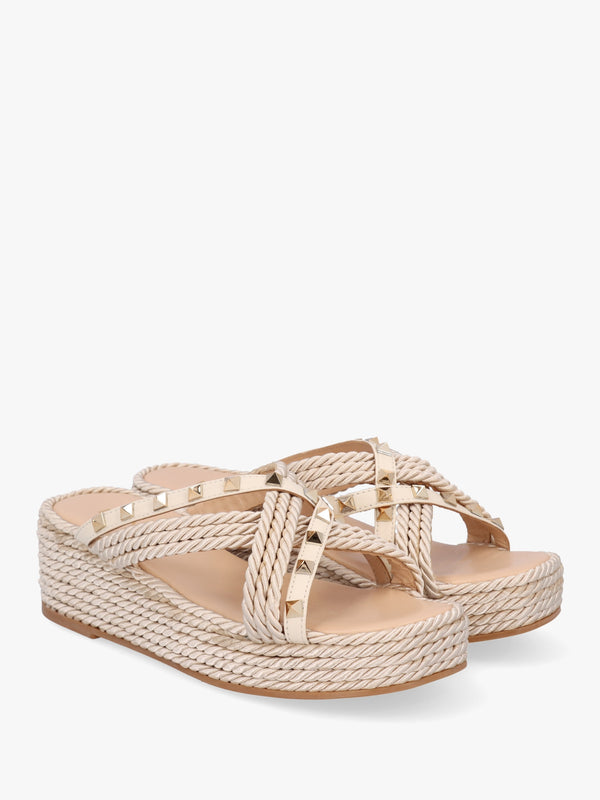 Popey Cream Rope Slab Wedge Mules