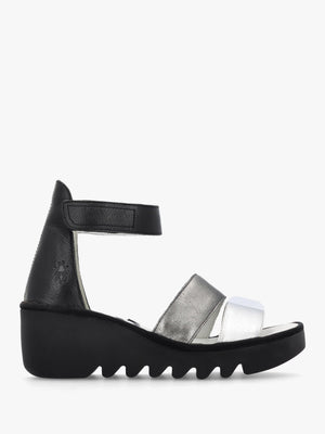Bono Silver Graphite Black Leather Mid Wedge Sandals