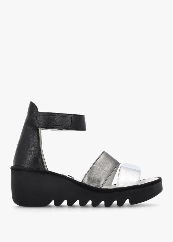 Bono Silver Graphite Black Leather Mid Wedge Sandals