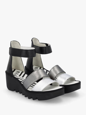 Bono Silver Graphite Black Leather Mid Wedge Sandals