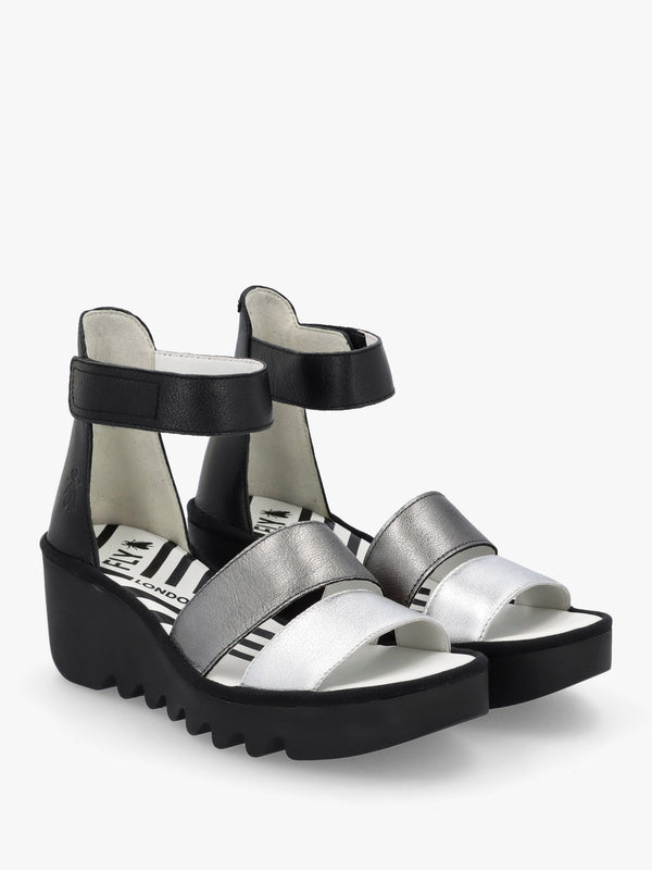 Bono Silver Graphite Black Leather Mid Wedge Sandals