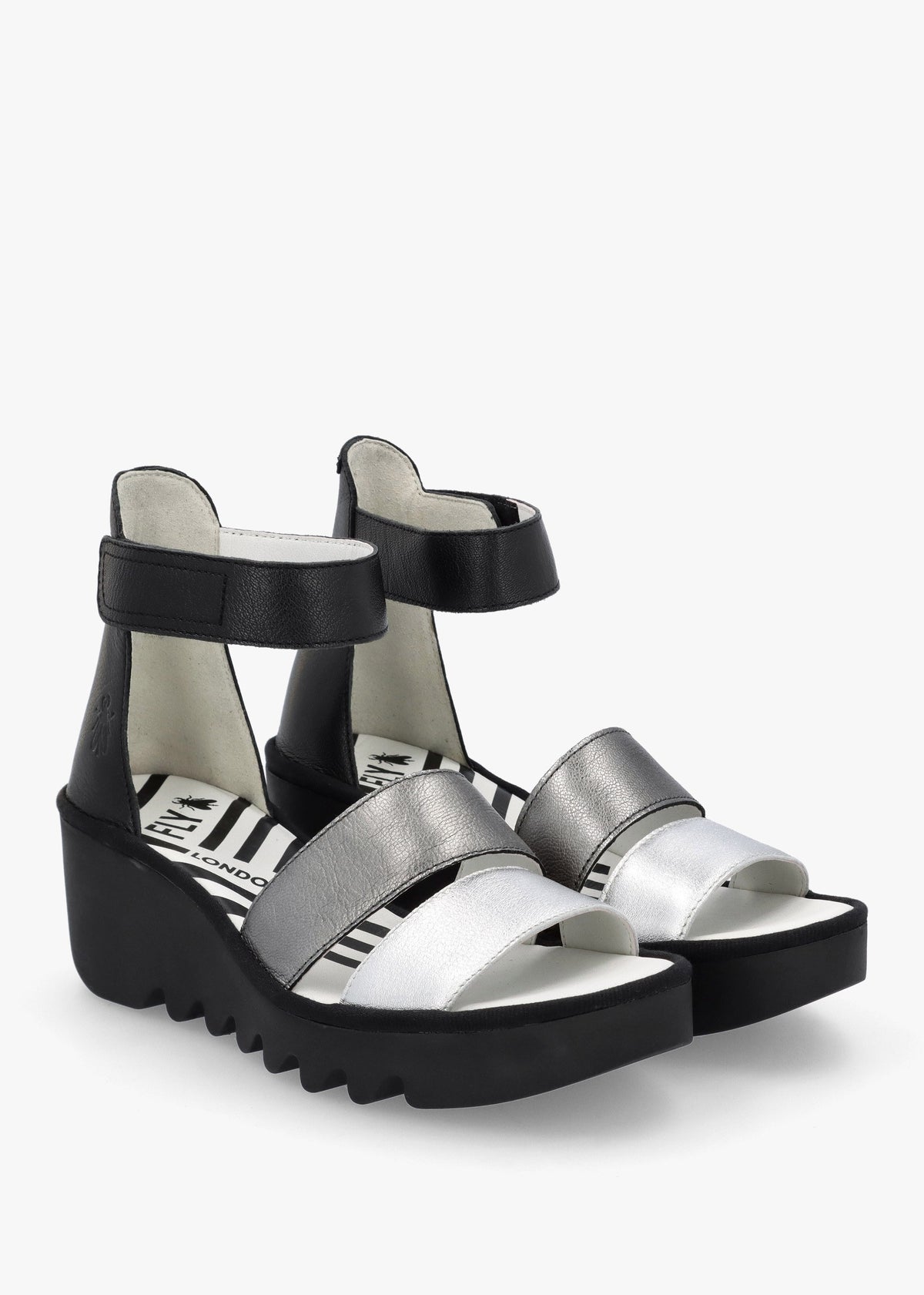 Bono Silver Graphite Black Leather Mid Wedge Sandals