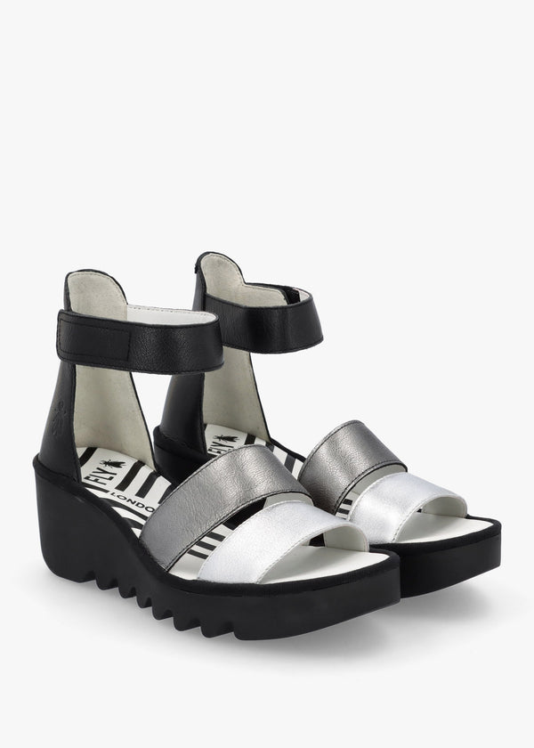 Bono Silver Graphite Black Leather Mid Wedge Sandals