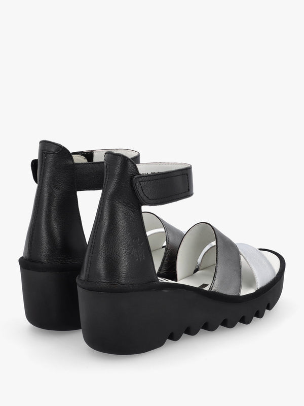 Bono Silver Graphite Black Leather Mid Wedge Sandals