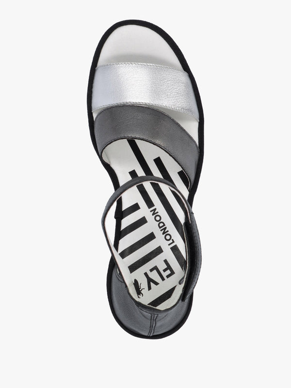 Bono Silver Graphite Black Leather Mid Wedge Sandals