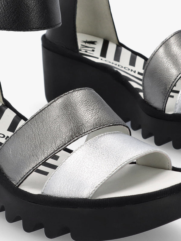 Bono Silver Graphite Black Leather Mid Wedge Sandals