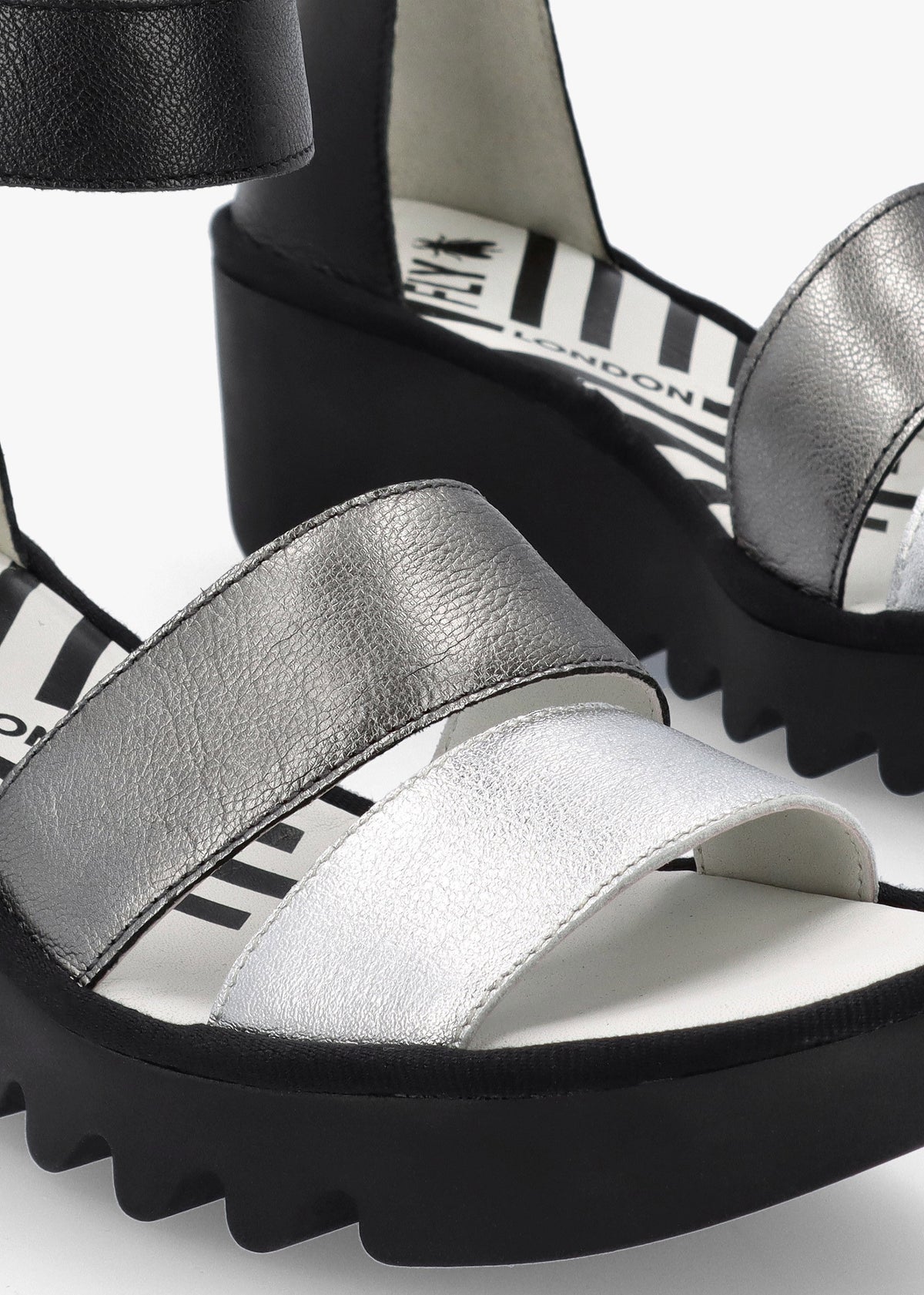 Bono Silver Graphite Black Leather Mid Wedge Sandals