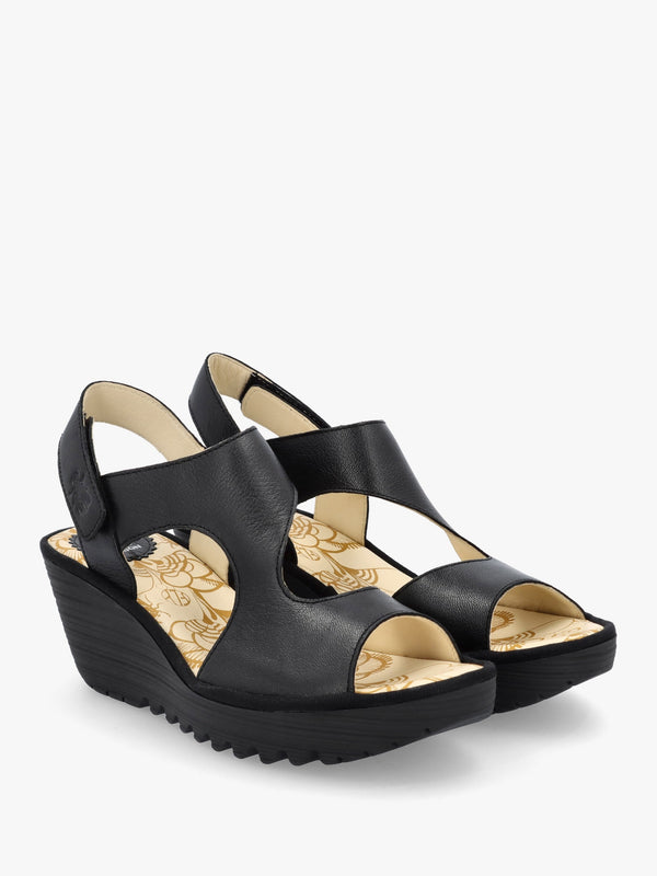 Yoxa Black Leather Wedge Sandals