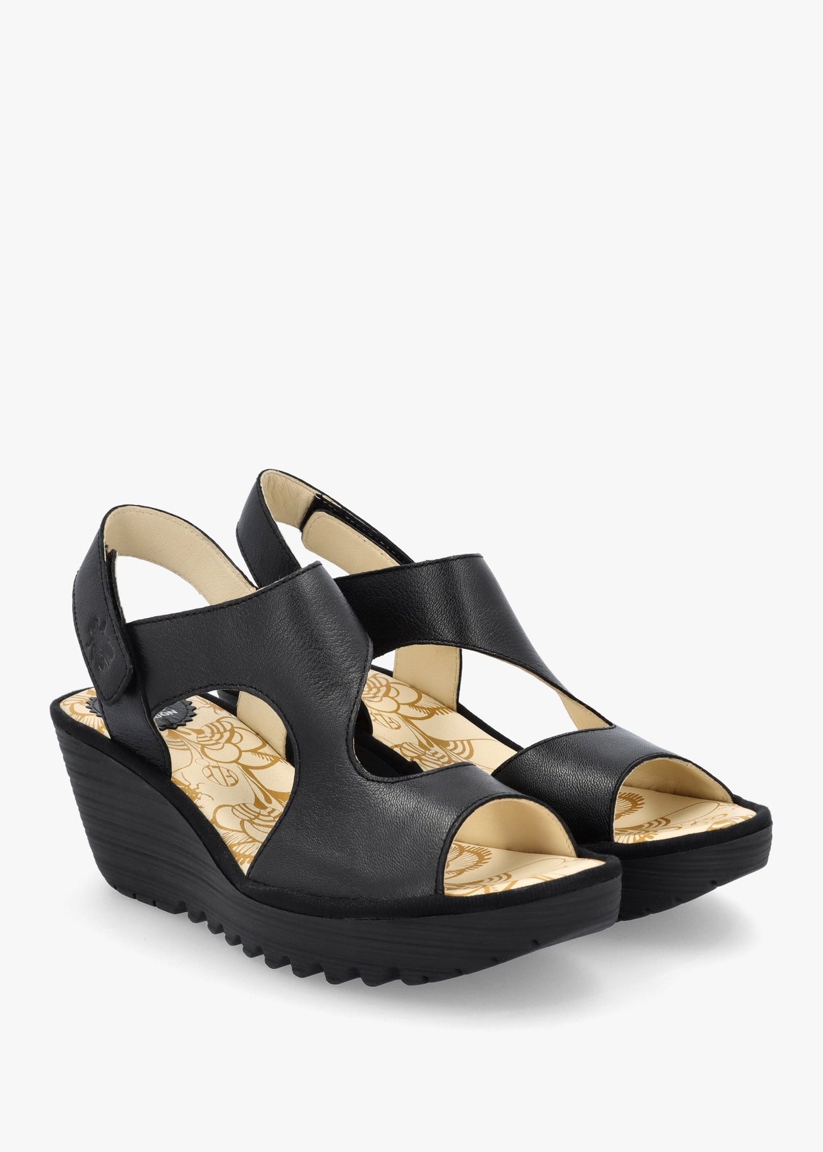 Yoxa Black Leather Wedge Sandals
