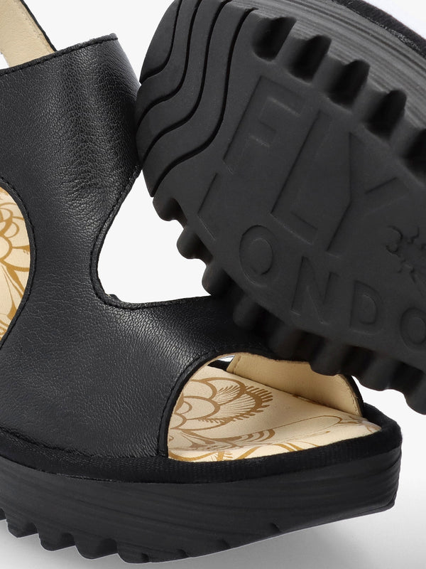 Yoxa Black Leather Wedge Sandals