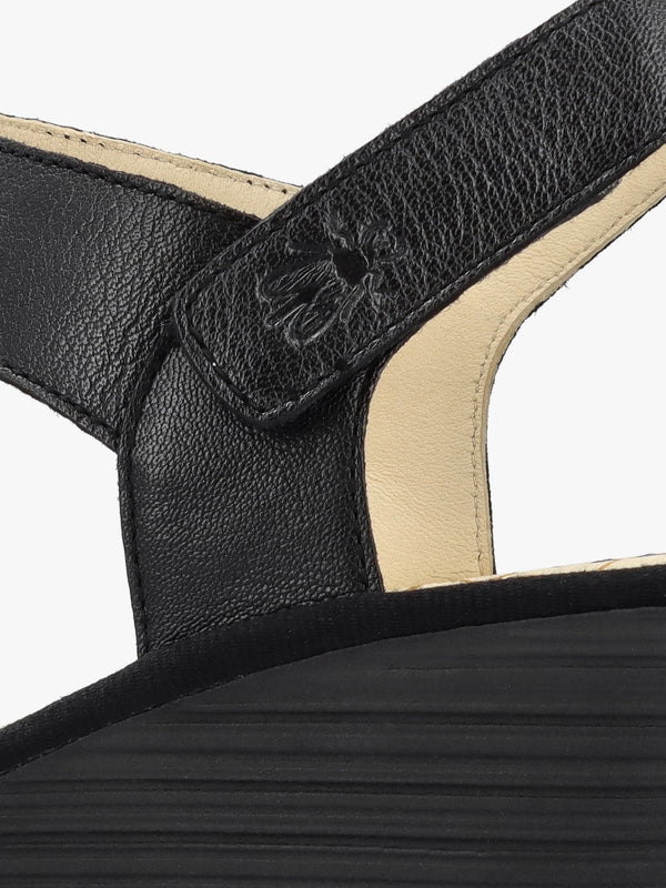 Yoxa Black Leather Wedge Sandals