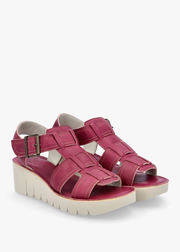 Yudd Berry Leather Wedge Sandals