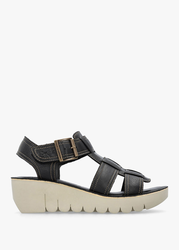 Yudd Black Leather Wedge Sandals