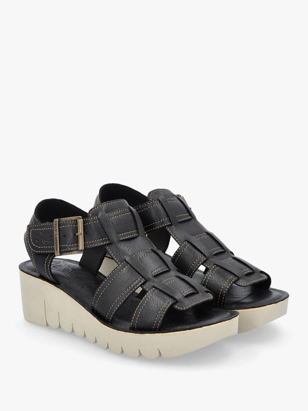 Yudd Black Leather Wedge Sandals