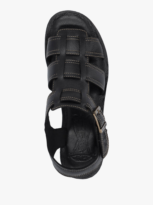 Yudd Black Leather Wedge Sandals
