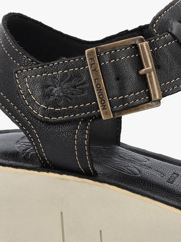 Yudd Black Leather Wedge Sandals