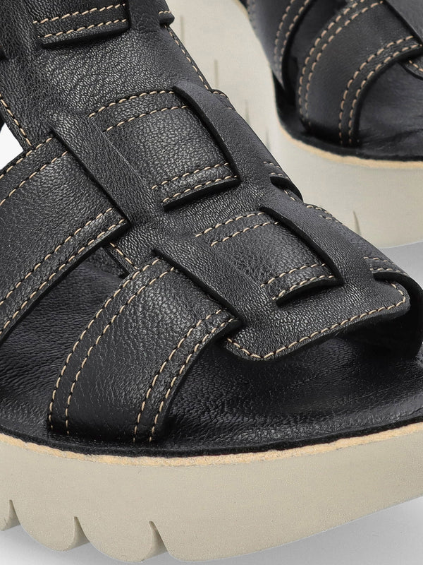 Yudd Black Leather Wedge Sandals