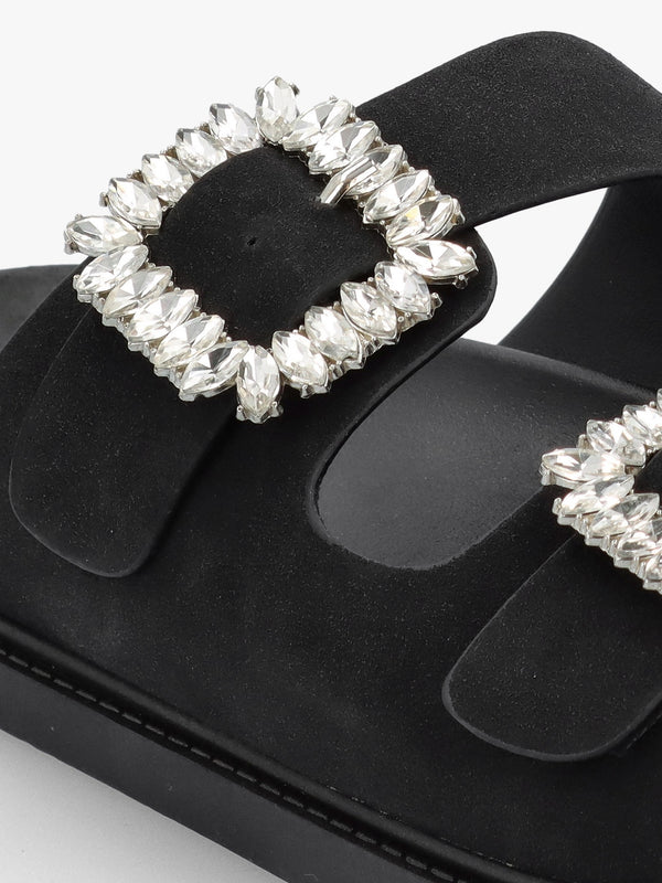 Yazzy Black Suedette Jewel Buckle Mule