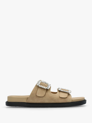 Yazzy Taupe Suedette Jewel Buckle Mule