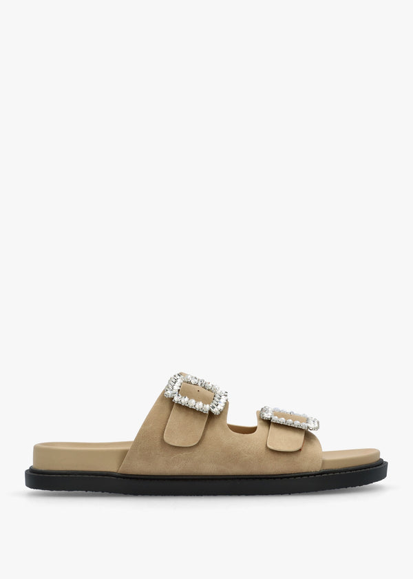 Yazzy Taupe Suedette Jewel Buckle Mule
