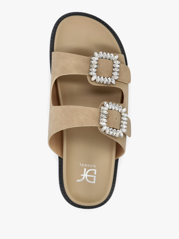 Yazzy Taupe Suedette Jewel Buckle Mule