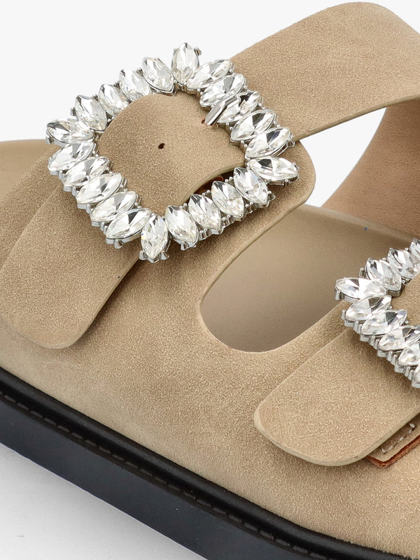 Yazzy Taupe Suedette Jewel Buckle Mule