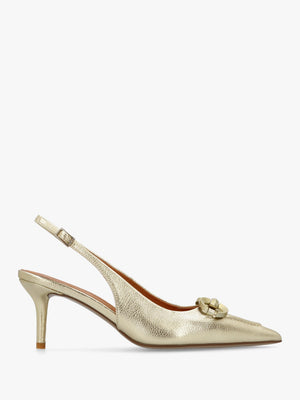 Eppie Gold Leather Mid Heel Sling Back Shoes