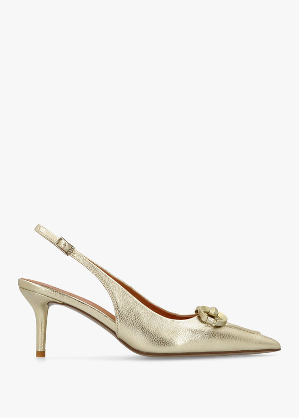 Eppie Gold Leather Mid Heel Sling Back Shoes