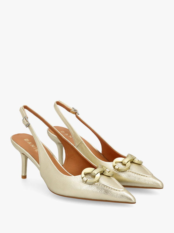 Eppie Gold Leather Mid Heel Sling Back Shoes