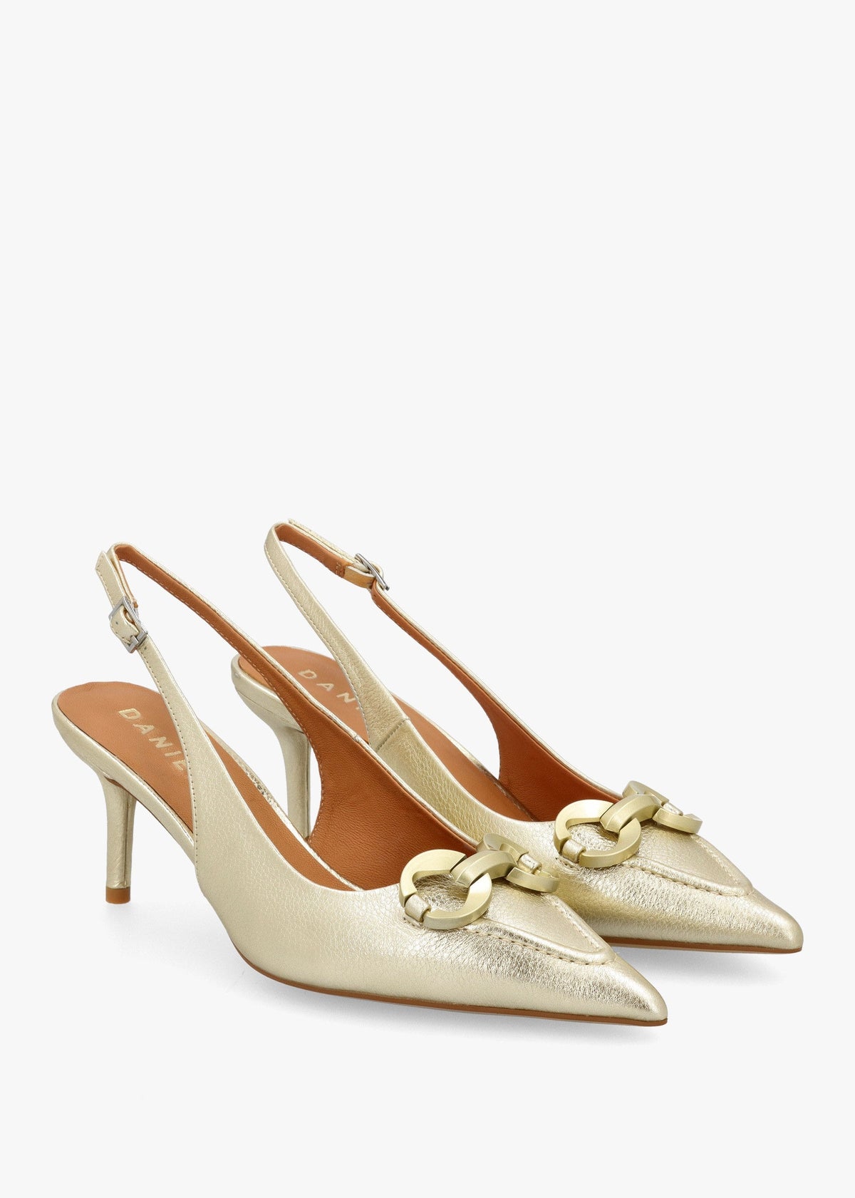 Eppie Gold Leather Mid Heel Sling Back Shoes