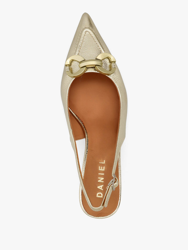 Eppie Gold Leather Mid Heel Sling Back Shoes