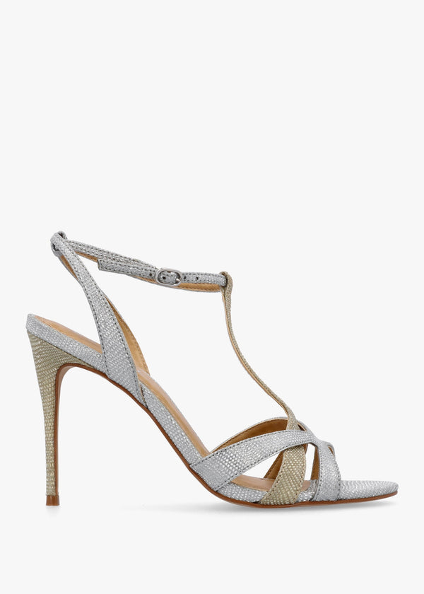 Civil Silver & Gold Metallic T Bar Stiletto Heel Sandals