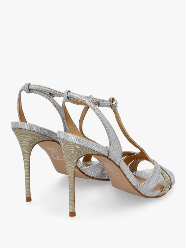 Civil Silver & Gold Metallic T Bar Stiletto Heel Sandals