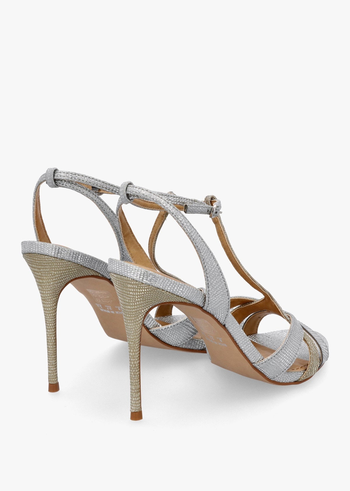 Civil Silver & Gold Metallic T Bar Stiletto Heel Sandals