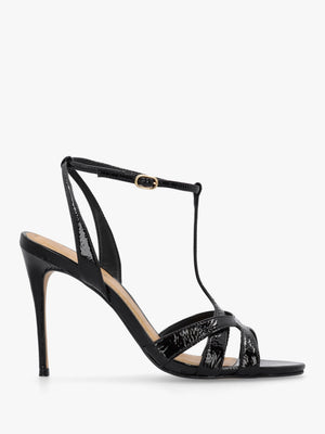 Civil Black Patent Leather T Bar Stiletto Heel Sandals