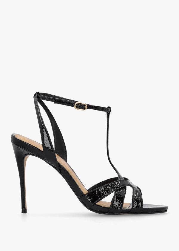 Civil Black Patent Leather T Bar Stiletto Heel Sandals