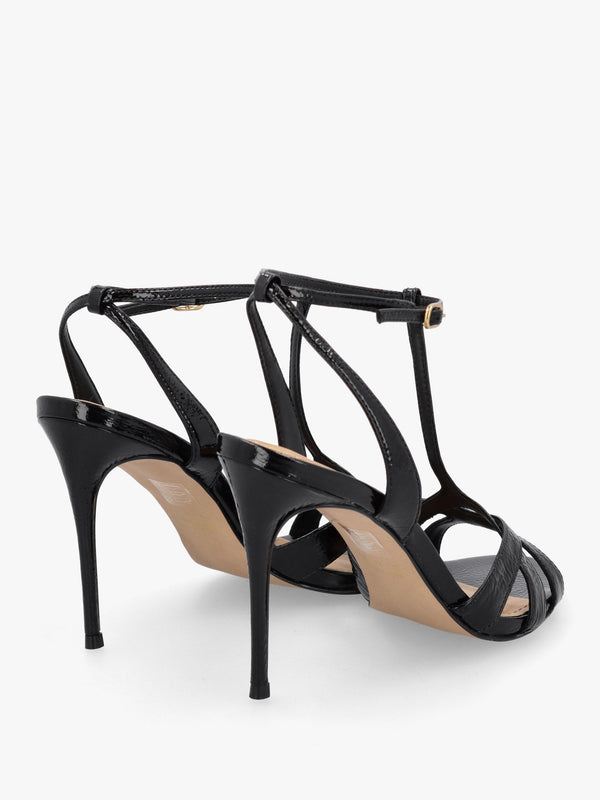 Civil Black Patent Leather T Bar Stiletto Heel Sandals