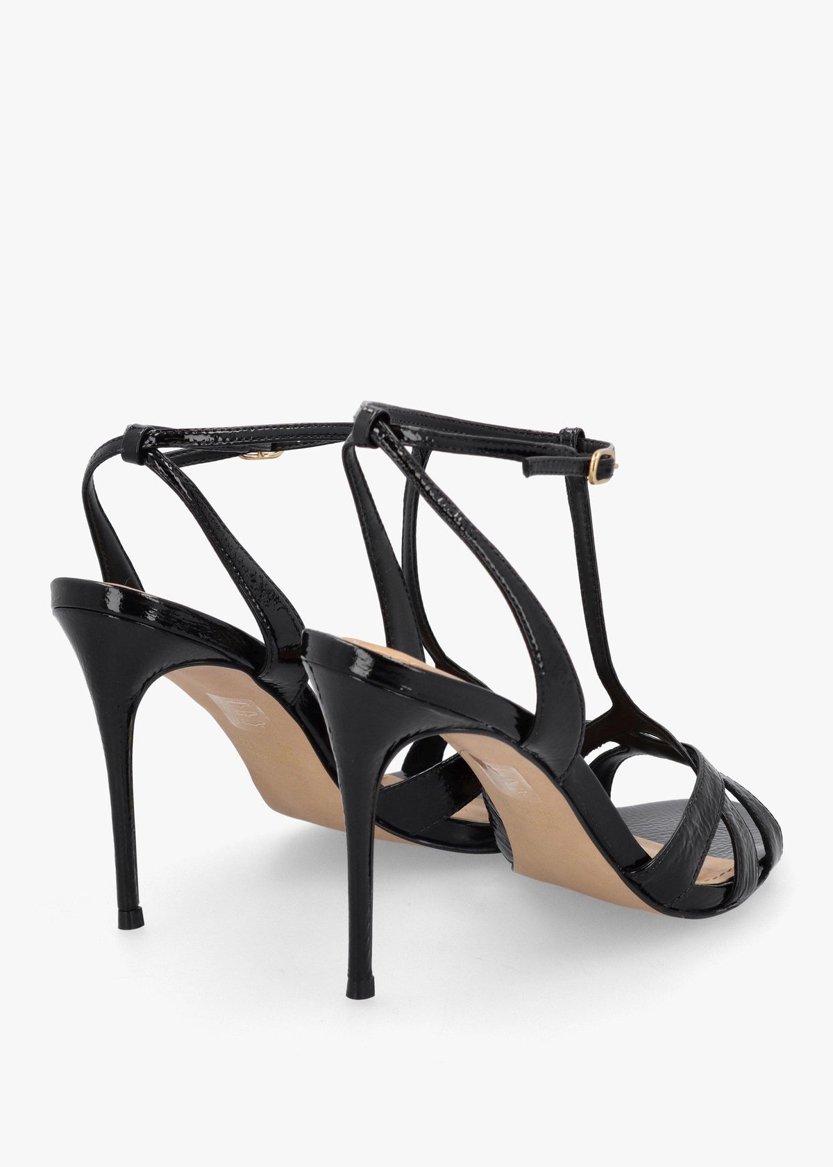 Civil Black Patent Leather T Bar Stiletto Heel Sandals