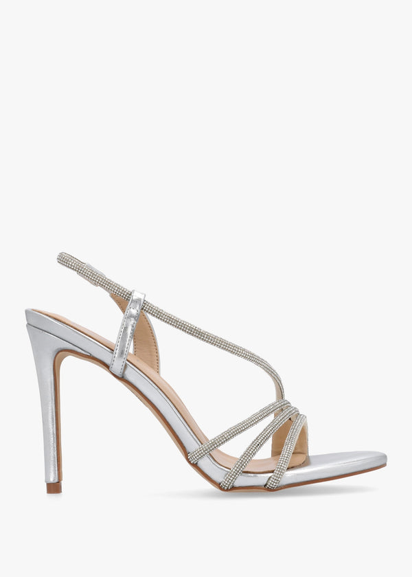 Ichelly Silver Metallic Diamante Strap High Heel Sandals