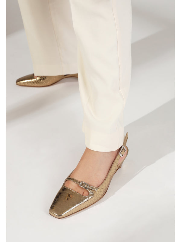 Nux Gold Leather Reptile Low Heel Court Shoes