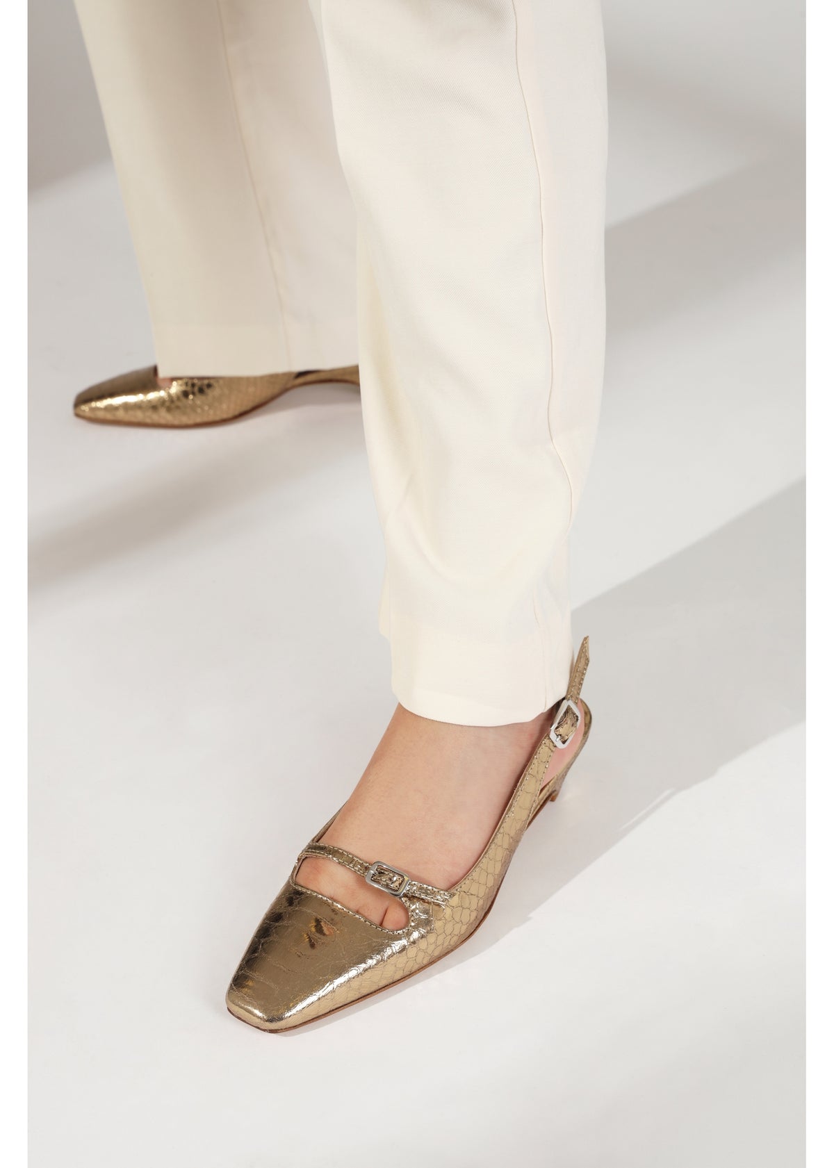 Nux Gold Leather Reptile Low Heel Court Shoes